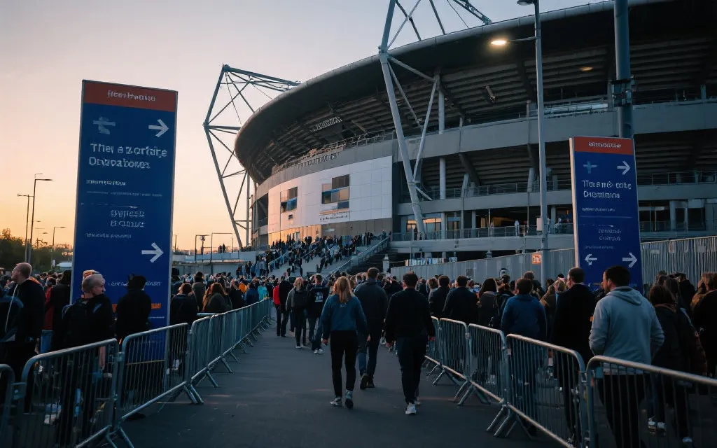 比赛日球场外的人流动线与指示牌，便捷出行氛围
